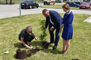 Sadzenie drzew. Na zdjęciu Ambasador Leslie Scanlon, Wadim Kurpias i Małgorzata Świątkiewicz