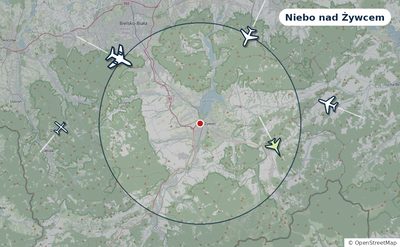 Mapa okolic miasta z sylwetkami samolotów — Niebo nad Żywcem na żywo