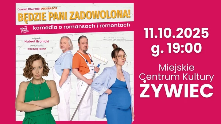 Obrazek przedstawia grafikę promocyjną wydarzenia Komedia „miłosno‑remontowa” w Miejskim Centrum Kultury w Żywcu