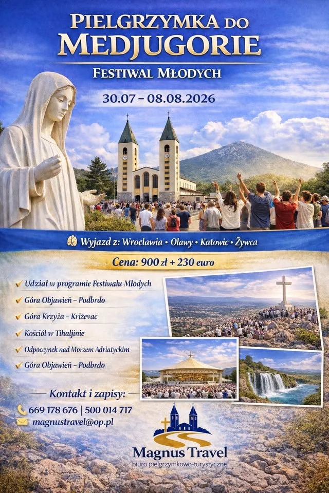 Grafika promocyjna wydarzenia 37. Międzynarodowy Festiwal Młodych w Medjugorie — pielgrzymka z Wrocławia, Oławy, Katowic i Żywca