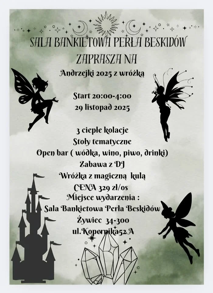 Obrazek przedstawia grafikę promocyjną wydarzenia Andrzejkowa zabawa w Sali Bankietowej Perła Beskidów