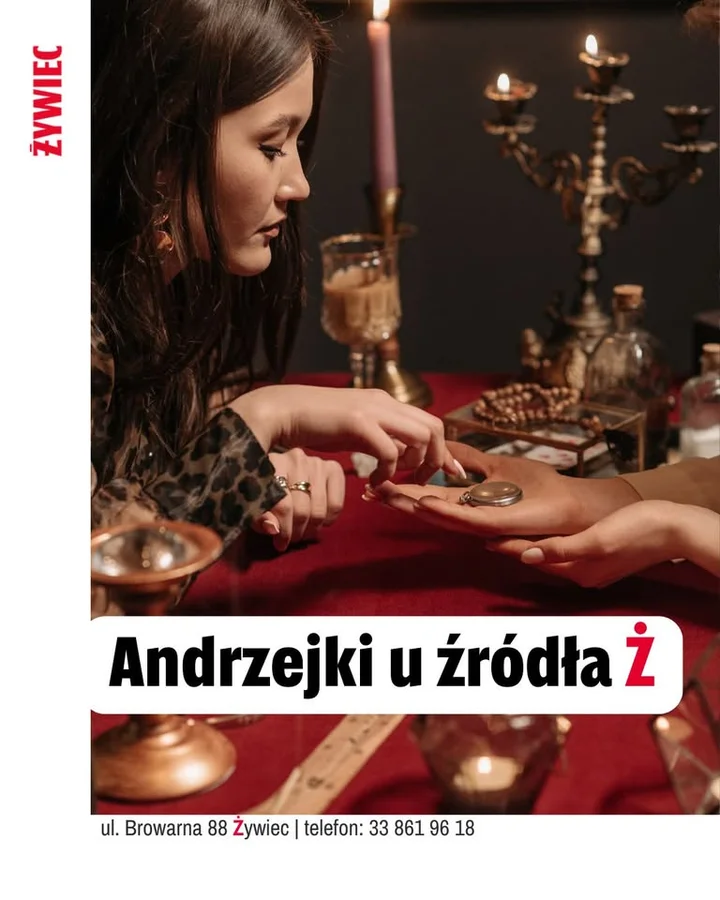 Grafika promocyjna wydarzenia Andrzejki u Źródła Ż w Restauracji Habsburgów – Żywiec