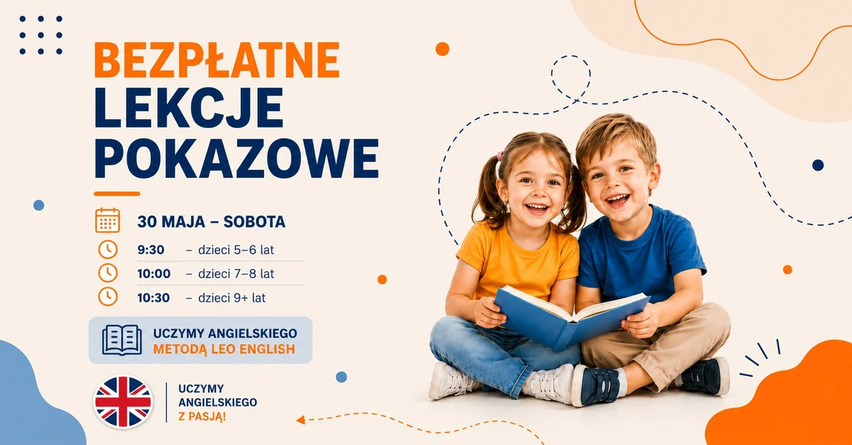Grafika promocyjna wydarzenia Leo English: bezpłatne lekcje pokazowe angielskiego dla dzieci w Żywcu