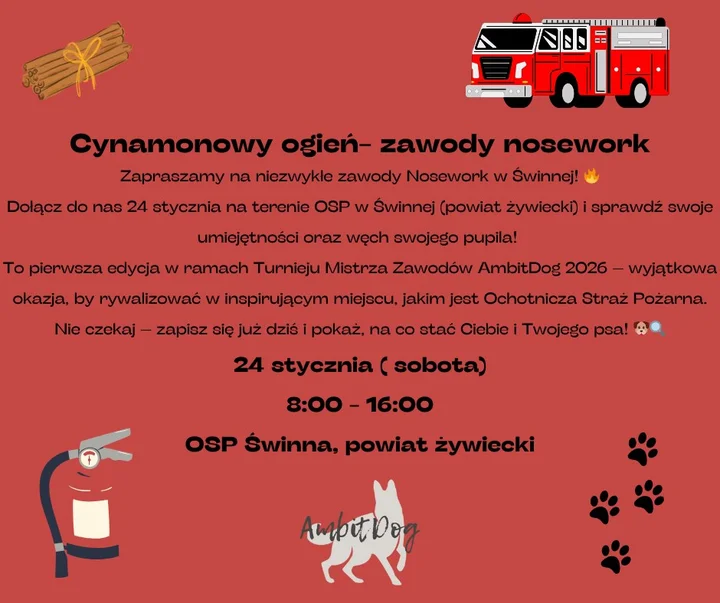 Grafika promocyjna wydarzenia Cynamonowy Ogień — zawody nosework, 24 stycznia 2026