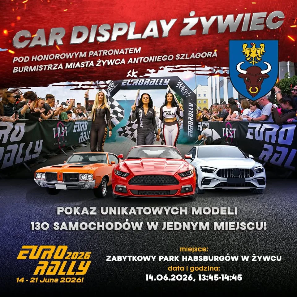 Grafika promocyjna wydarzenia Eurorally Car Display w Żywcu: 130 aut z 6 krajów na Placu Zamkowym