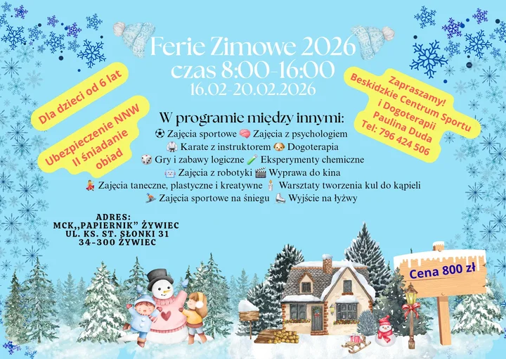 Obrazek przedstawia grafikę promocyjną wydarzenia Zimowa półkolonia dla dzieci w Żywcu — 16–20 lutego 2026