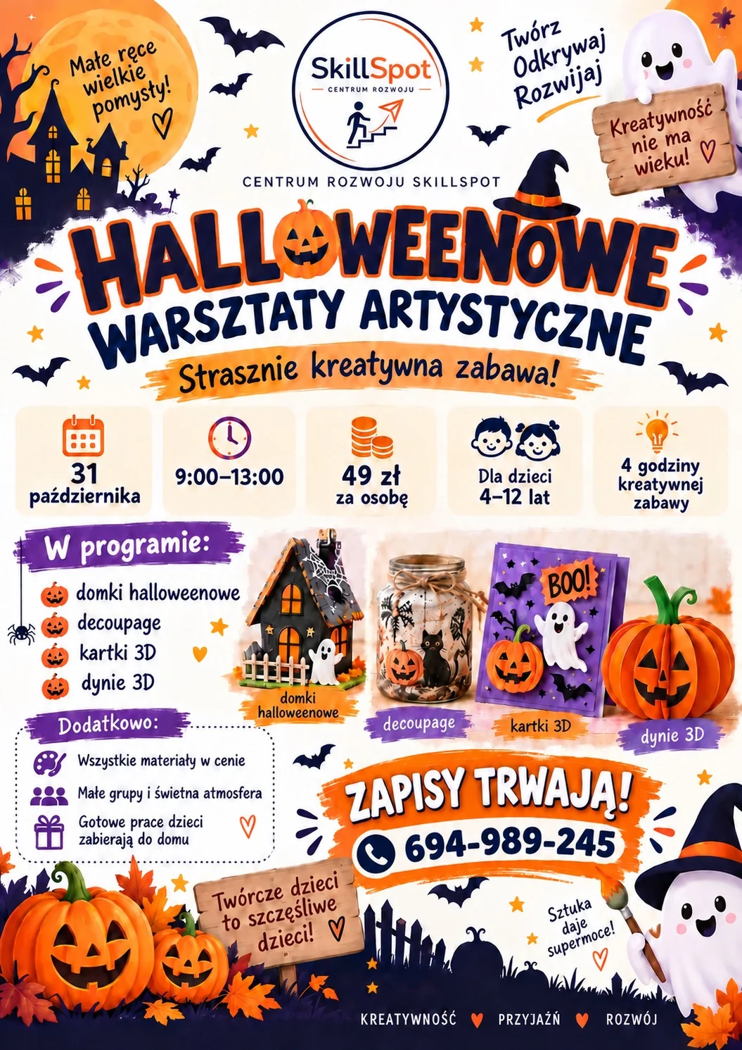 Grafika promocyjna wydarzenia Halloween w SkillSpot: warsztaty artystyczne
