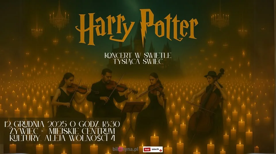 Obrazek przedstawia grafikę promocyjną wydarzenia Koncert muzyki filmowej z serii o Harrym Potterze w Żywcu