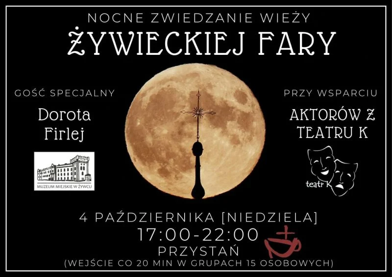 Grafika promocyjna wydarzenia II Nocne Zwiedzanie Wieży Żywieckiej Fary
