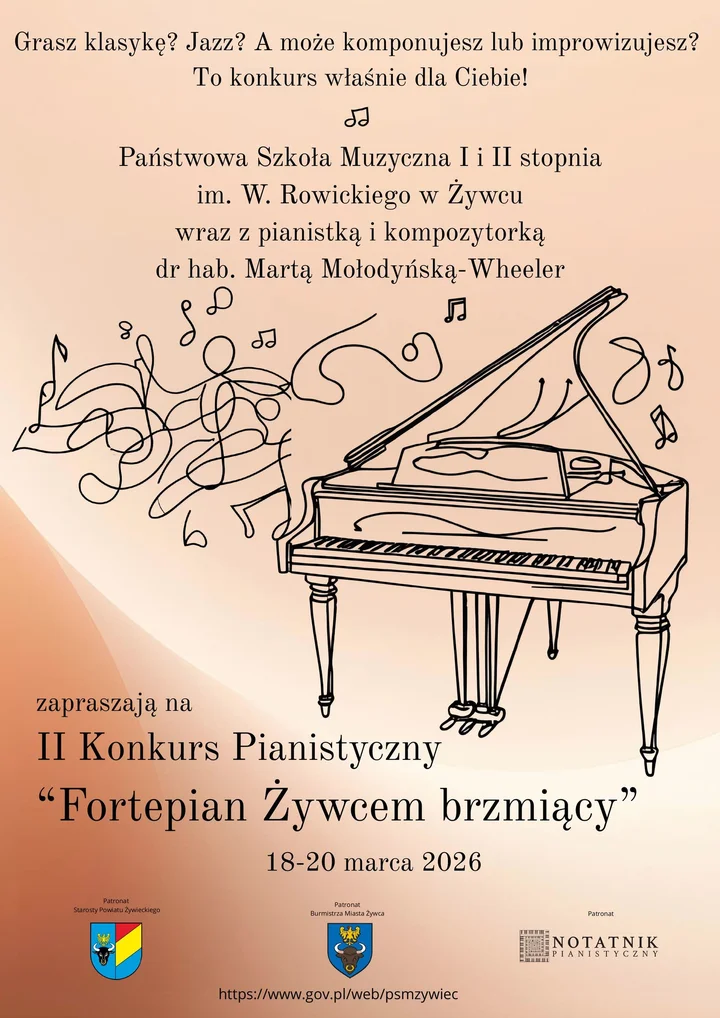 Grafika promocyjna wydarzenia II Ogólnopolski Konkurs Pianistyczny Fortepian Żywcem brzmiący w Żywcu