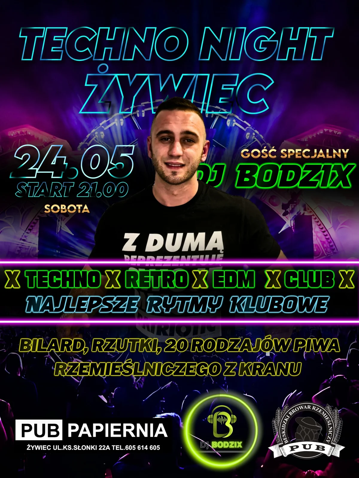 Grafika promocyjna wydarzenia Impreza techno i EDM w Pubie Papiernia w Żywcu