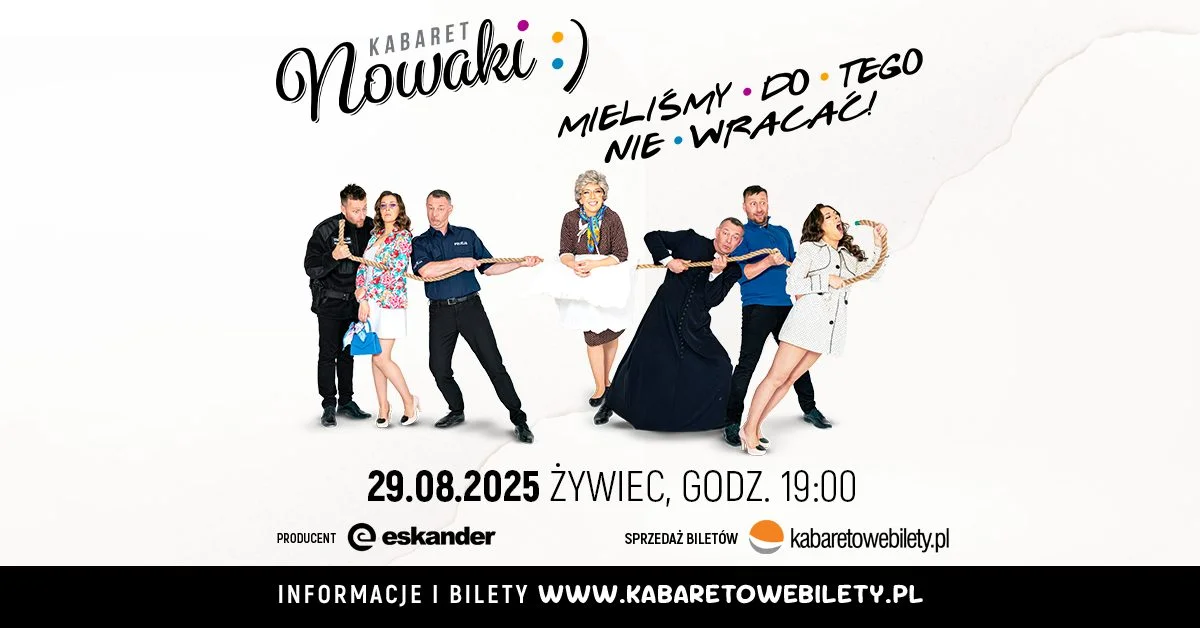 Grafika promocyjna wydarzenia Kabaret Nowaki wystąpi w Amfiteatrze pod Grojcem w Żywcu