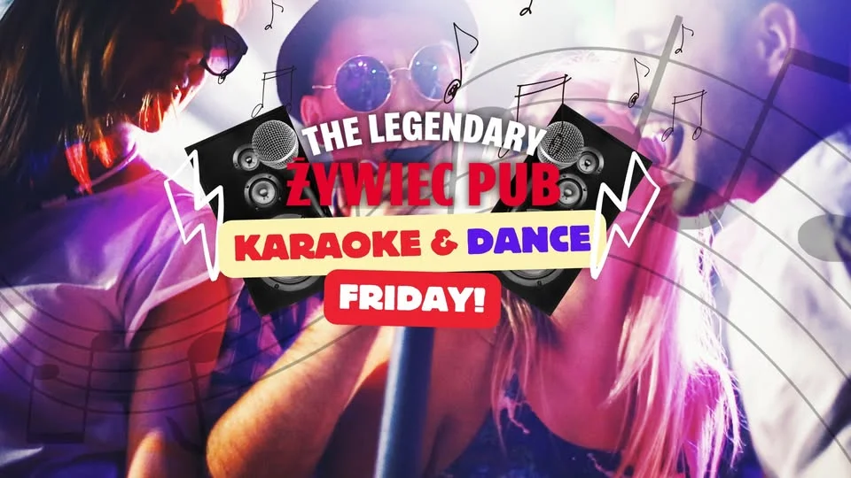 Obrazek przedstawia grafikę promocyjną wydarzenia Karaoke w Żywcu – muzyczna zabawa w pubie