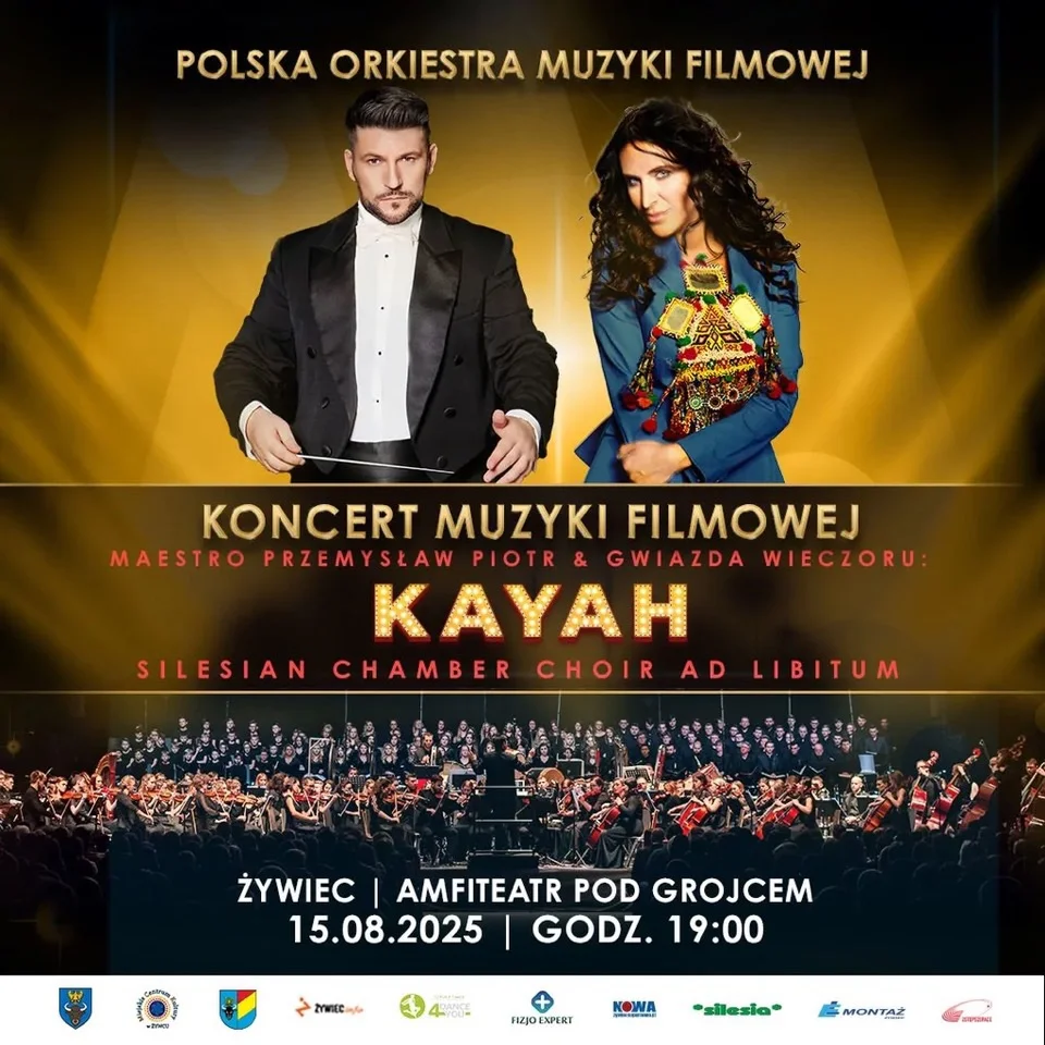 Obrazek przedstawia grafikę promocyjną wydarzenia Wieczór z muzyką filmową w Żywcu z udziałem Kayah i Polską Orkiestrą Muzyki Filmowej