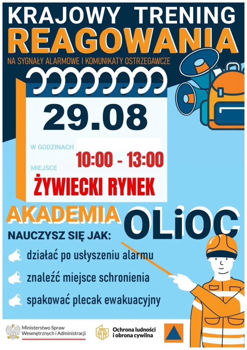 Grafika promocyjna wydarzenia Krajowy Trening Reagowania na sygnały alarmowe i komunikaty ostrzegawcze