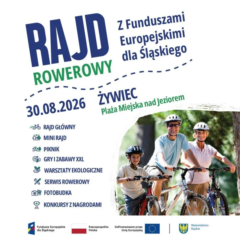 Grafika promocyjna wydarzenia Letni Rajd Rowerowy z Funduszami Europejskimi oraz Piknik Rodzinny