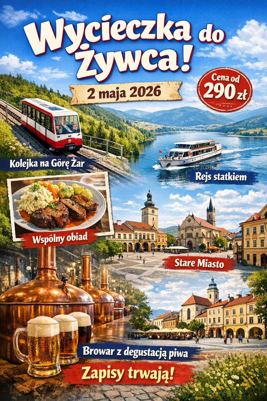 Grafika promocyjna wydarzenia Majówka w Żywcu 2026 – Góra Żar, rejs po Jeziorze Żywieckim i spacer po starówce
