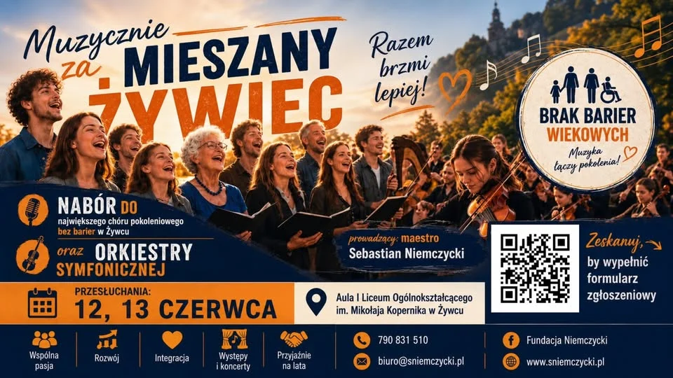 Grafika promocyjna wydarzenia Muzycznie (za)Mieszany Żywiec — nabór do chóru pokoleniowego i orkiestry symfonicznej