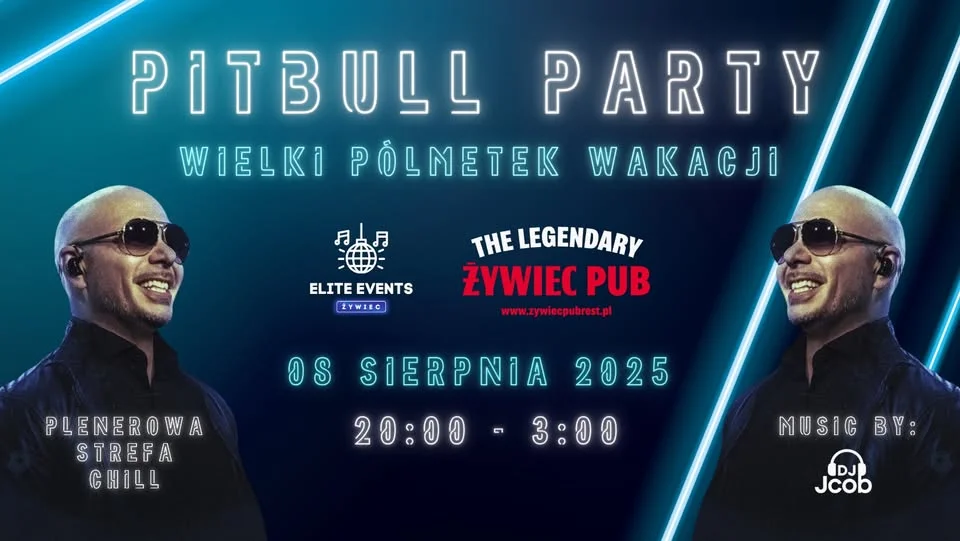 Obrazek przedstawia grafikę promocyjną wydarzenia Impreza tematyczna z muzyką Pitbulla w Żywcu