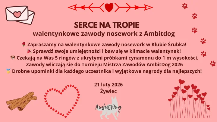 Grafika promocyjna wydarzenia Serce na tropie – Walentynkowe Zawody Nosework z AmbitDog