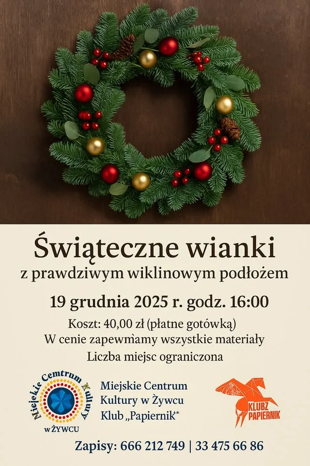 Grafika promocyjna wydarzenia Świąteczne wianki — warsztaty tworzenia wianków w Żywcu