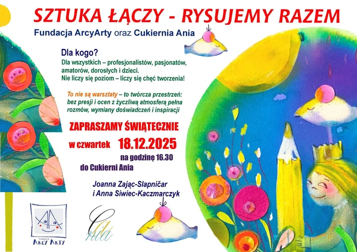 Grafika promocyjna wydarzenia Sztuka łączy - Rysujemy razem: wspólne rysowanie na Rynku w Żywcu