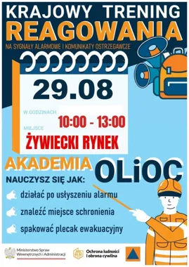 Grafika promocyjna wydarzenia Krajowy Trening Reagowania na sygnały alarmowe i komunikaty ostrzegawcze