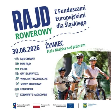 Grafika promocyjna wydarzenia Letni Rajd Rowerowy z Funduszami Europejskimi oraz Piknik Rodzinny