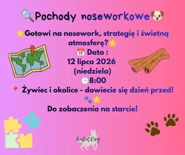 Grafika promocyjna wydarzenia Podchody noseworkowe w Żywcu – terenowa zabawa z psem i naturalnym cynamonem