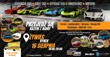 Grafika promocyjna wydarzenia Przejedź się Ferrari, Lamborghini, McLaren – Żywiec 2026
