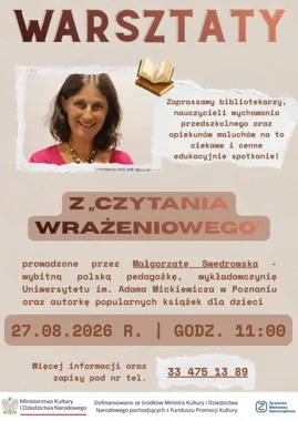 Grafika promocyjna wydarzenia Warsztaty branżowe z Małgorzatą Swędrowską