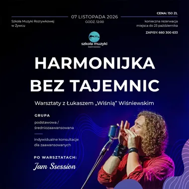 Grafika promocyjna wydarzenia HARMONIJKA BEZ TAJEMNIC – warsztaty w Żywcu