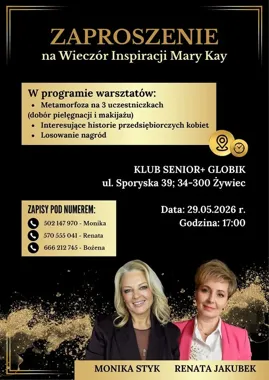 Grafika promocyjna wydarzenia Wieczór Inspiracji May Kay w Żywcu – bezpłatne warsztaty makijażowe dla kobiet