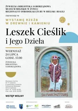 Grafika promocyjna wydarzenia Drewno i kamień w artystycznej odsłonie. Wernisaż w Żywcu