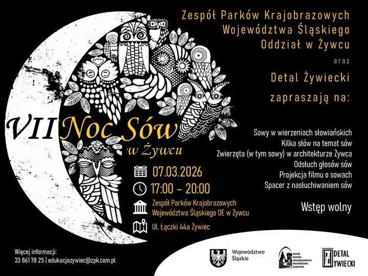 Grafika promocyjna wydarzenia VII Noc Sów w Żywcu — wieczór z sowami 7 marca 2026