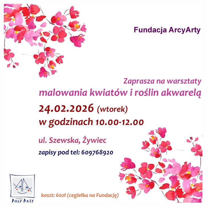 Grafika promocyjna wydarzenia Warsztaty malowania kwiatów i roślin akwarelą — Żywiec, 24 lutego 2026