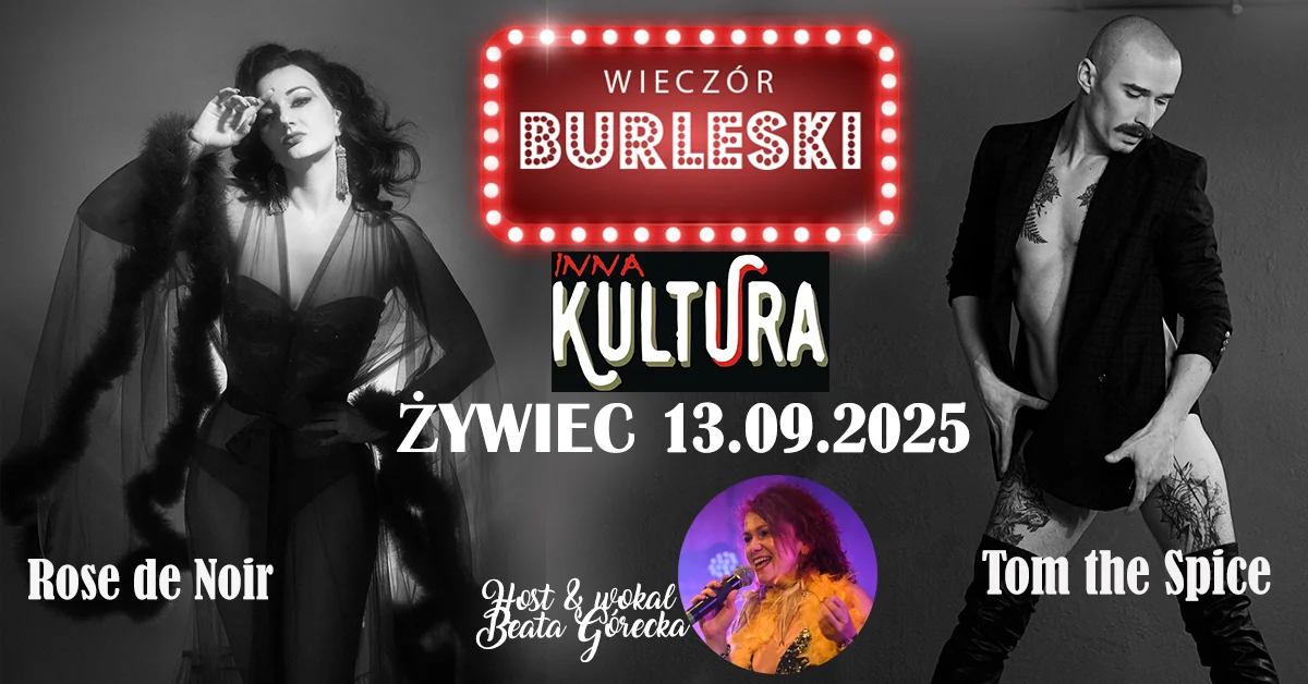 Obrazek przedstawia grafikę promocyjną wydarzenia Wieczór burleski w klimacie prohibicji w Żywcu