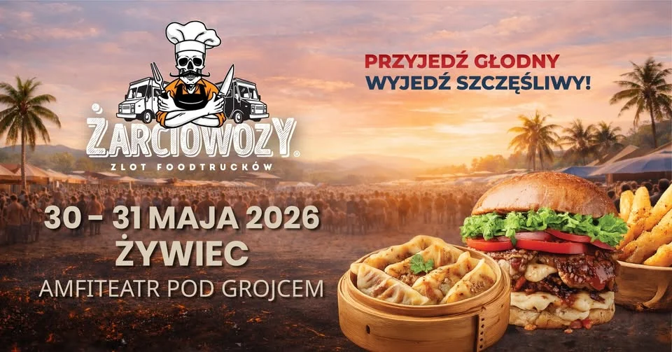 Grafika promocyjna wydarzenia Żarciowozy w Żywcu – weekend food trucków w Amfiteatrze pod Grojcem