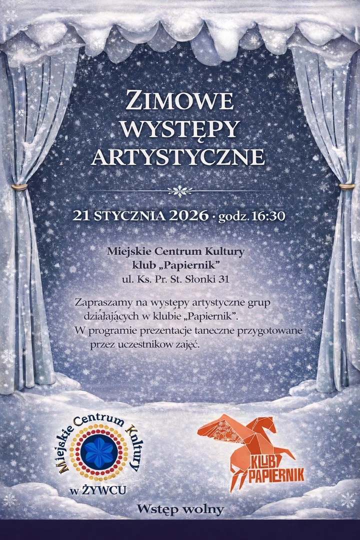 Grafika promocyjna wydarzenia Zimowe Występy Artystyczne — Dla Babci i Dziadka w klubie „Papiernik”