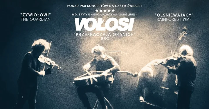Grafika promocyjna wydarzenia VOŁOSI w Żywcu — koncert kwartetu smyczkowego, który miesza melodyjność z dziką improwizacją
