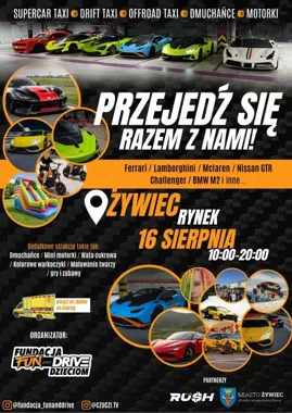 Supersamochody na żywieckim Rynku. Przejażdżki wesprą dziecięce karetki