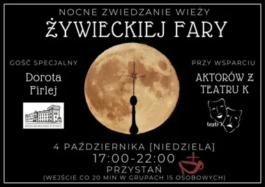 Nocne wejście na wieżę fary. Z góry widać Żywiec po zmroku